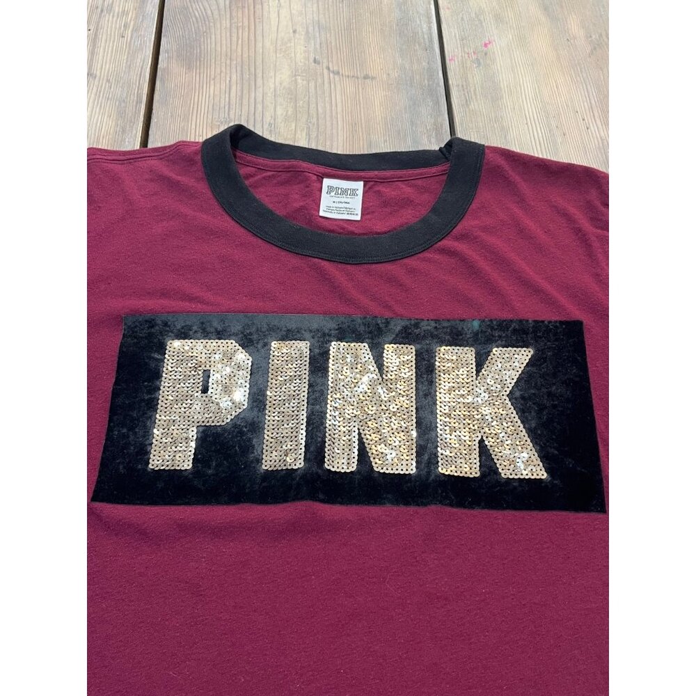 Pink Victoria's Secret Sequin/Velvet T-Shirt Womens M Burgundy Long Sleeve - Picture 8 of 8